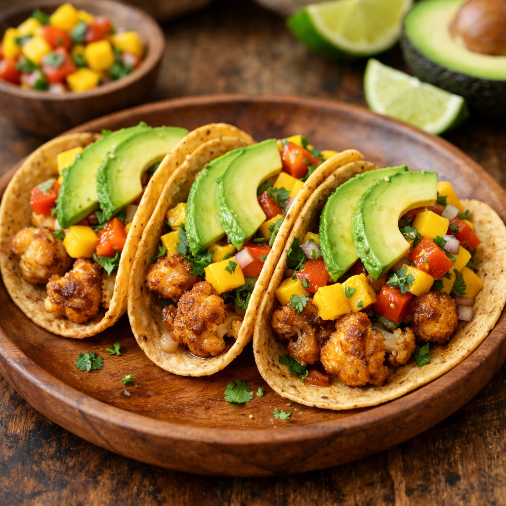 A plate of cauliflower tacos topped with mango salsa and avocado