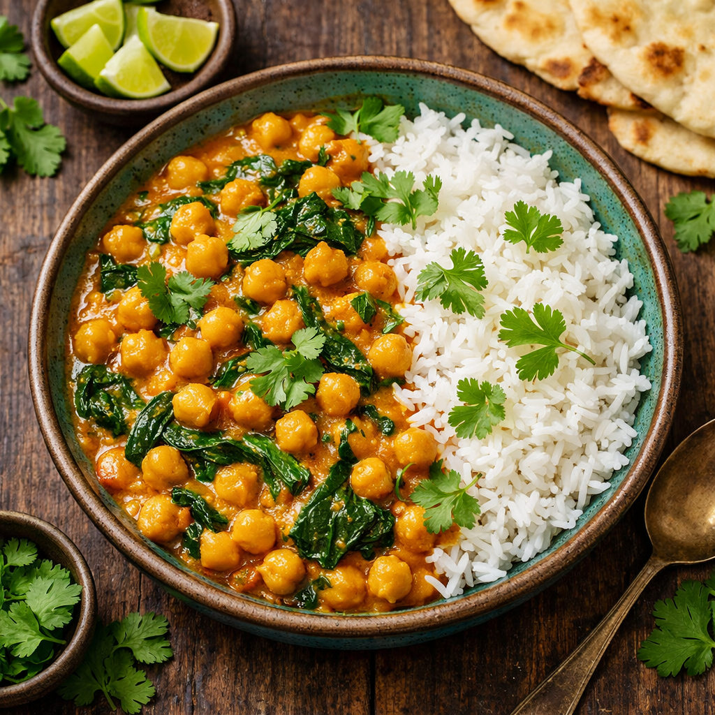 Bowl of chickpea and spinach curry with rice and lime wedges