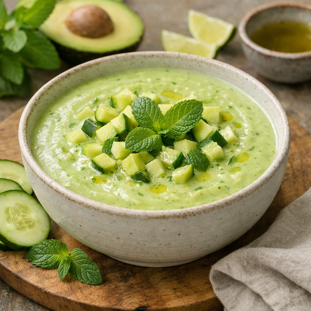 Chilled cucumber and avocado soup garnished with mint and cucumber