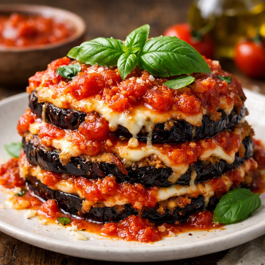 A plate of Eggplant Parmesan with fresh basil leaves on top, showcasing layers of eggplant, marinara sauce, and cheese.