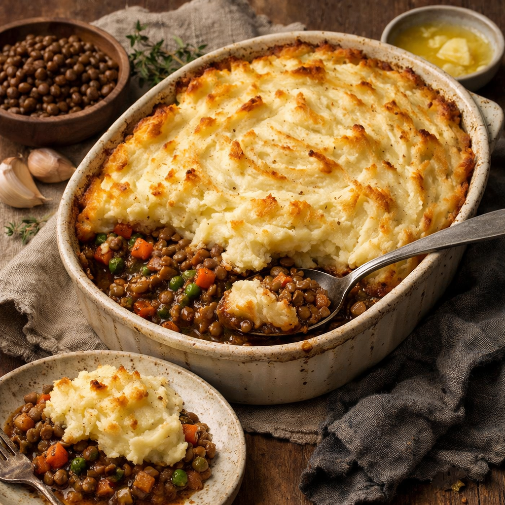 A delicious lentil and vegetable shepherd's pie with a golden mashed potato topping, served in a dish and on a plate.