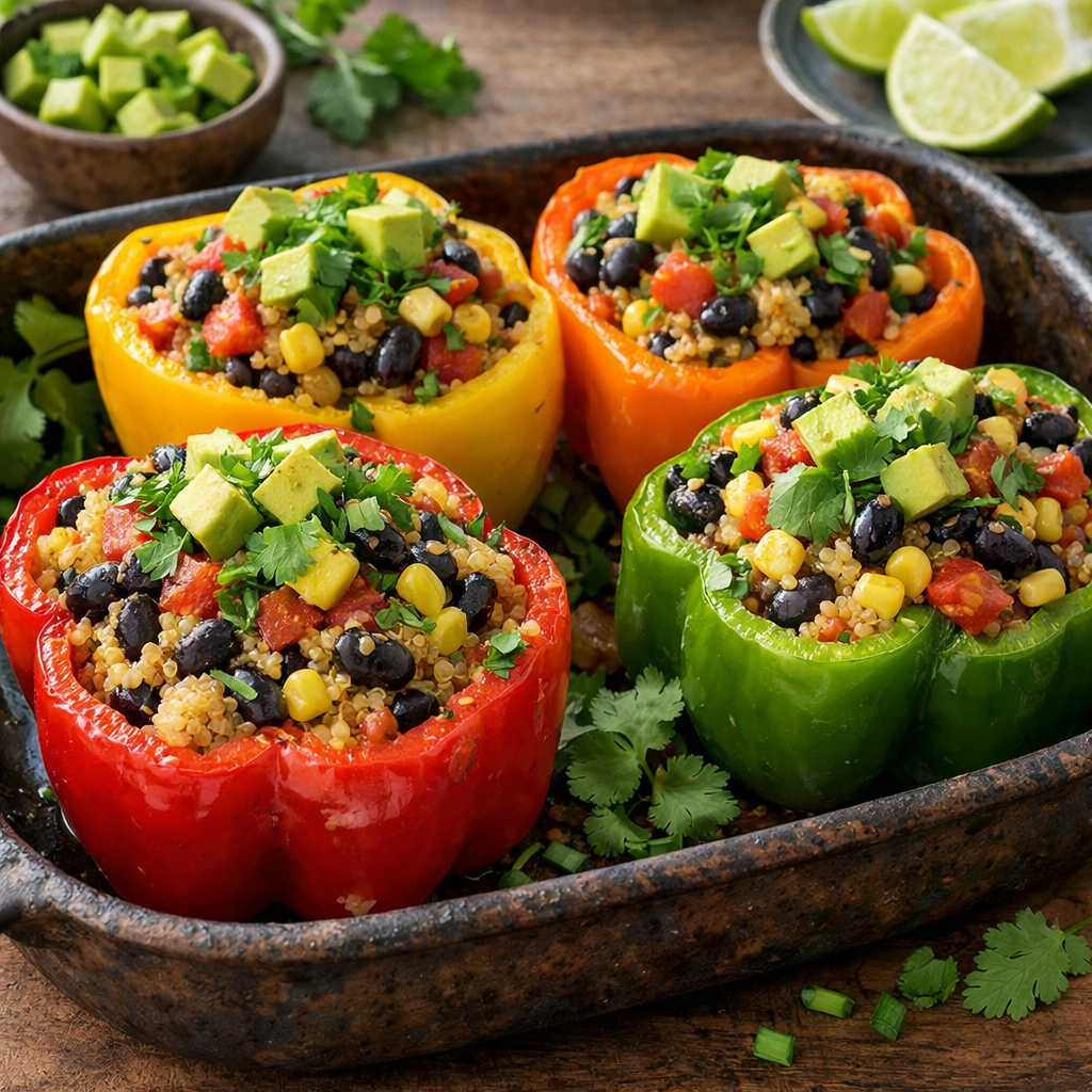 Colorful stuffed bell peppers filled with quinoa, black beans, and veggies, garnished with avocado and cilantro.