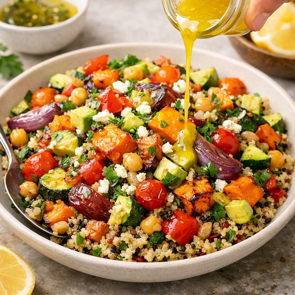 A colorful bowl of roasted vegetable quinoa salad topped with dressing