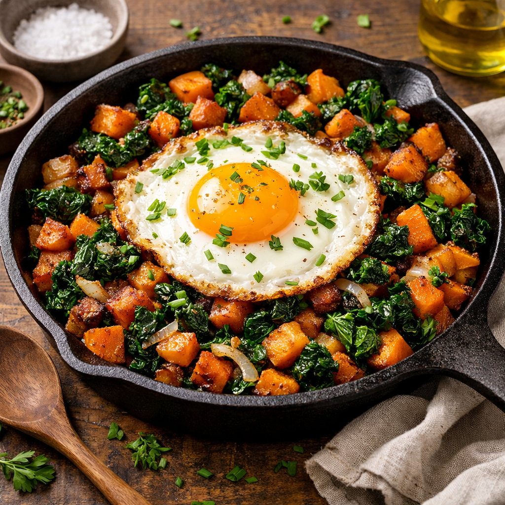 A colorful sweet potato and kale hash topped with a sunny-side-up egg in a cast-iron skillet.