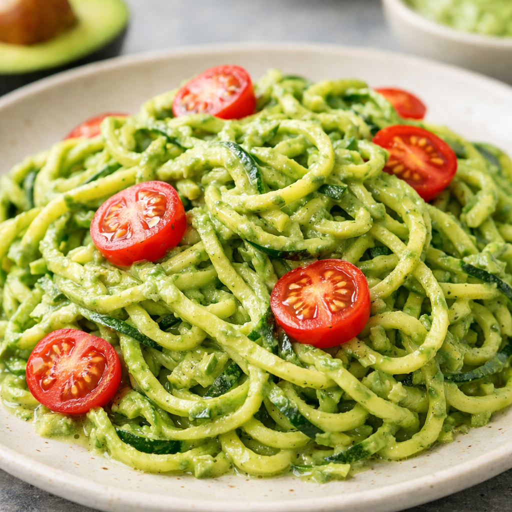 A plate of zucchini noodles topped with avocado pesto and cherry tomatoes.