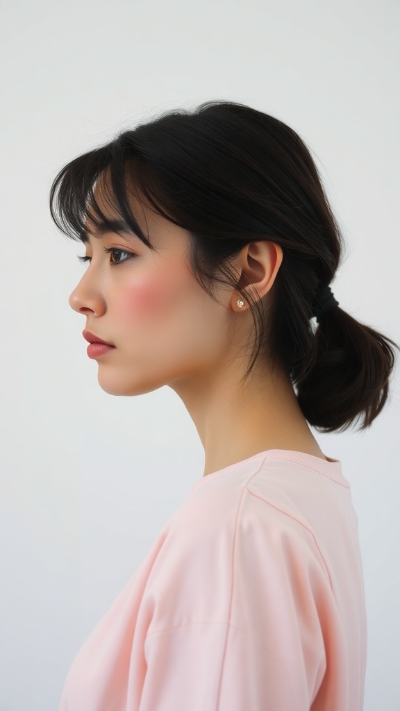 A woman with blush applied low on her cheeks, showcasing a common makeup mistake.