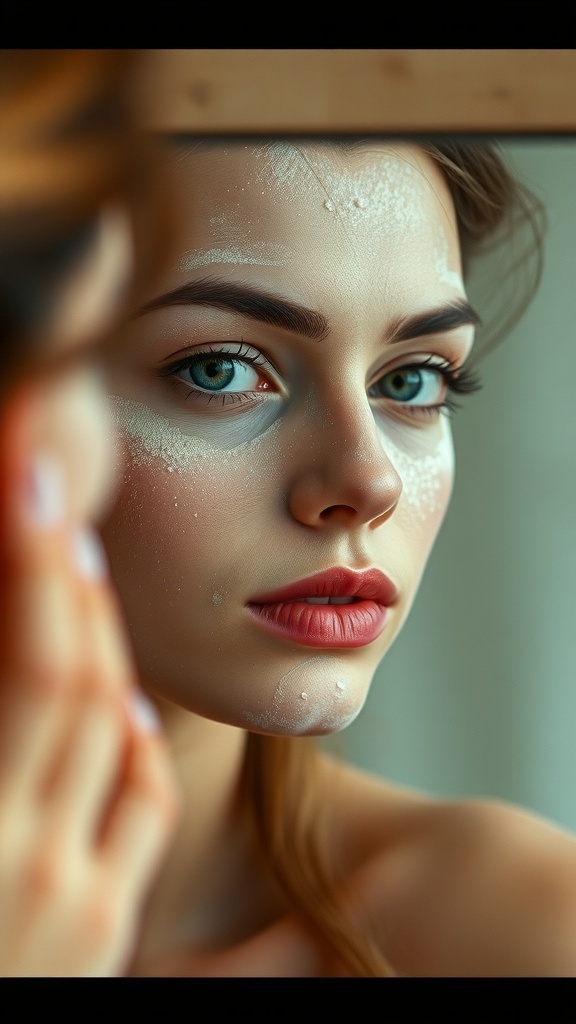 A woman applying makeup, showing excessive powder on her face.