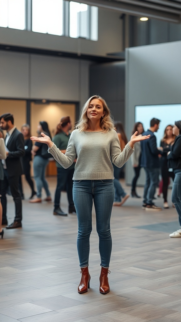 A confident woman standing in a crowd with open arms, showcasing inviting body language.