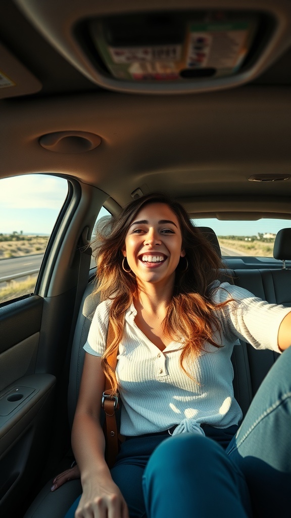 A woman smiling in a car, embodying joy and confidence.