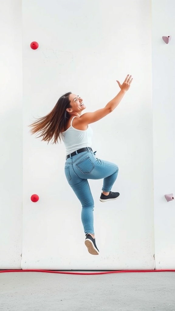 A woman climbing a wall with a joyful expression, embodying the spirit of adventure.