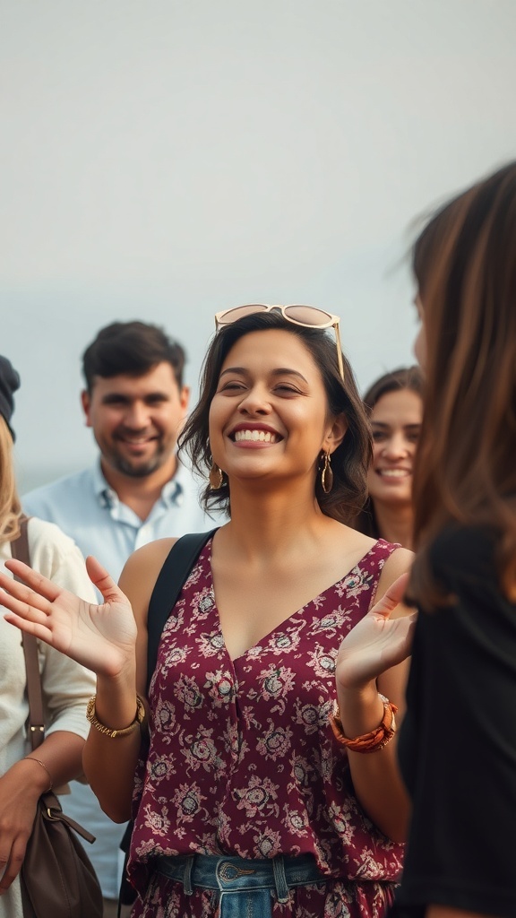 A joyful woman in a floral top smiling and engaging with friends outdoors.