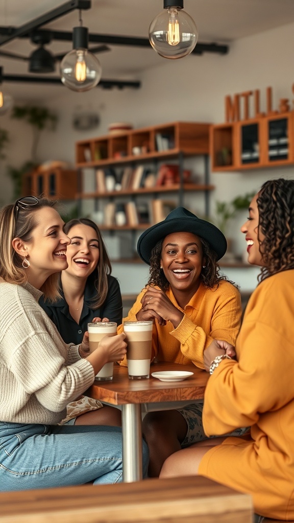 A group of four women laughing and enjoying drinks together in a café.