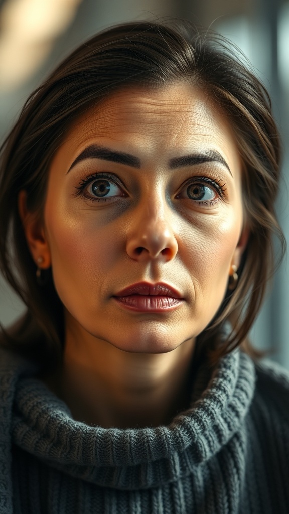 A close-up of a woman with defined makeup, showing the effects of harsh contouring.