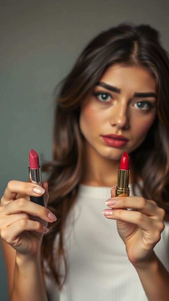 A woman holding two lipsticks, one pink and one red, showcasing different lip color options.