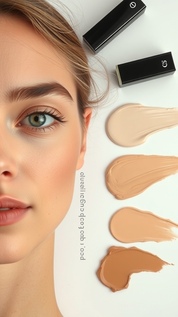 A close-up of a model's face with various concealer shades swatched beside her.