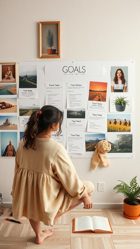 A woman creating a vision board with goals and inspirations on a wall.