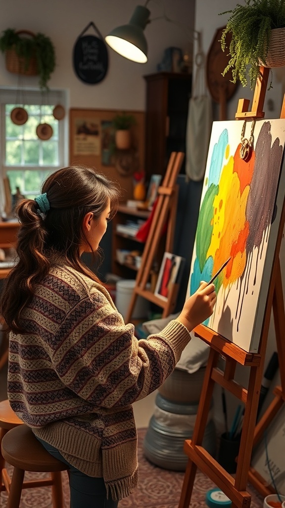 A woman painting in a cozy studio, showcasing her passion for art.