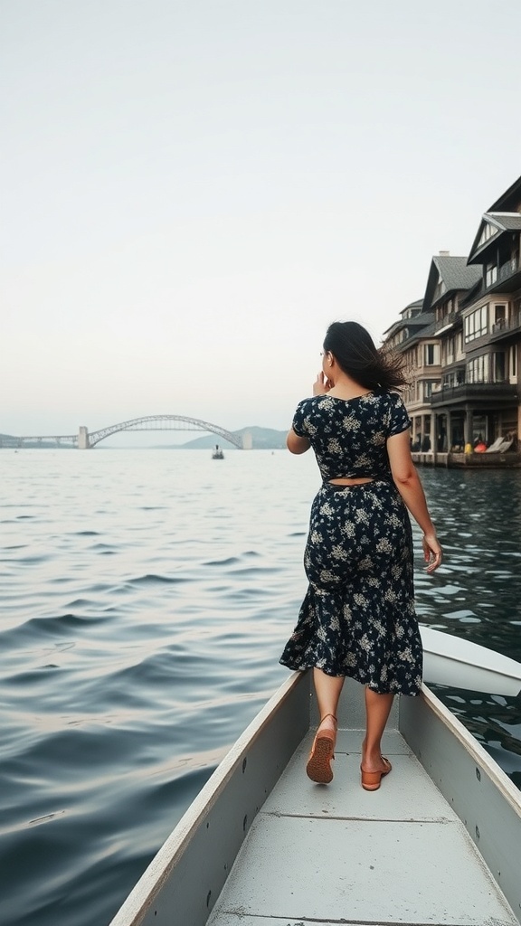 A woman in a floral dress walking on a boat towards a waterfront with buildings and a bridge in the background.