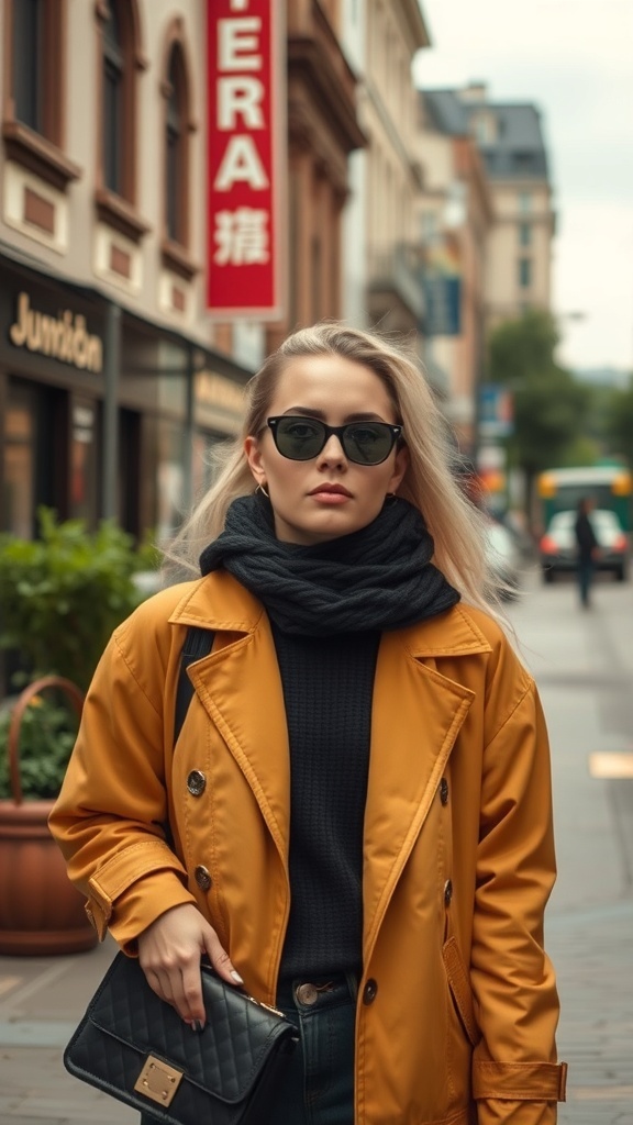 A confident woman in a yellow coat and black scarf, wearing sunglasses, standing on a city street.