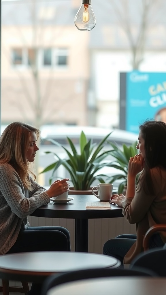 Two women engaged in a meaningful conversation over coffee in a cozy café.