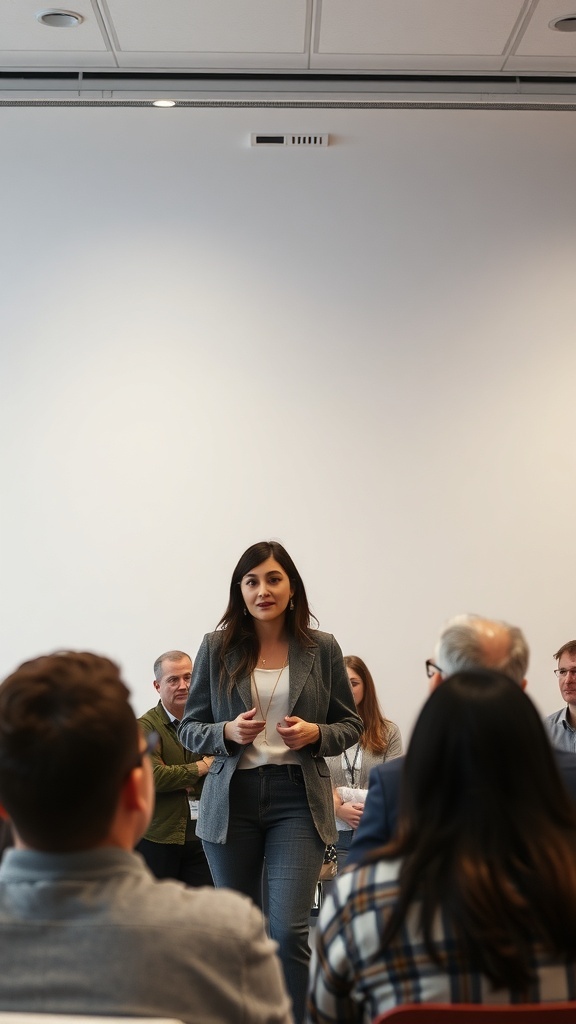 A confident woman speaking to an audience, showcasing her opinions.