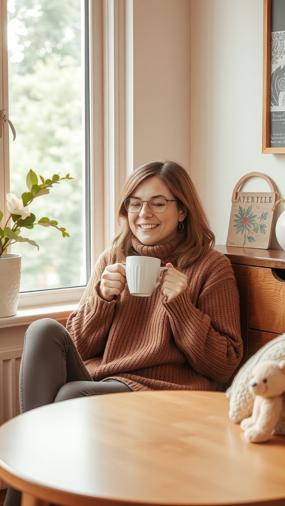 A woman sitting by a window with a cup, smiling happily.