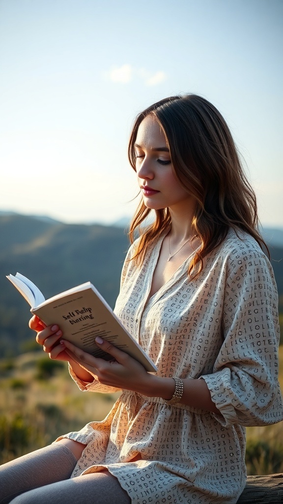 A woman reading a self-help book outdoors, symbolizing personal growth and self-improvement.