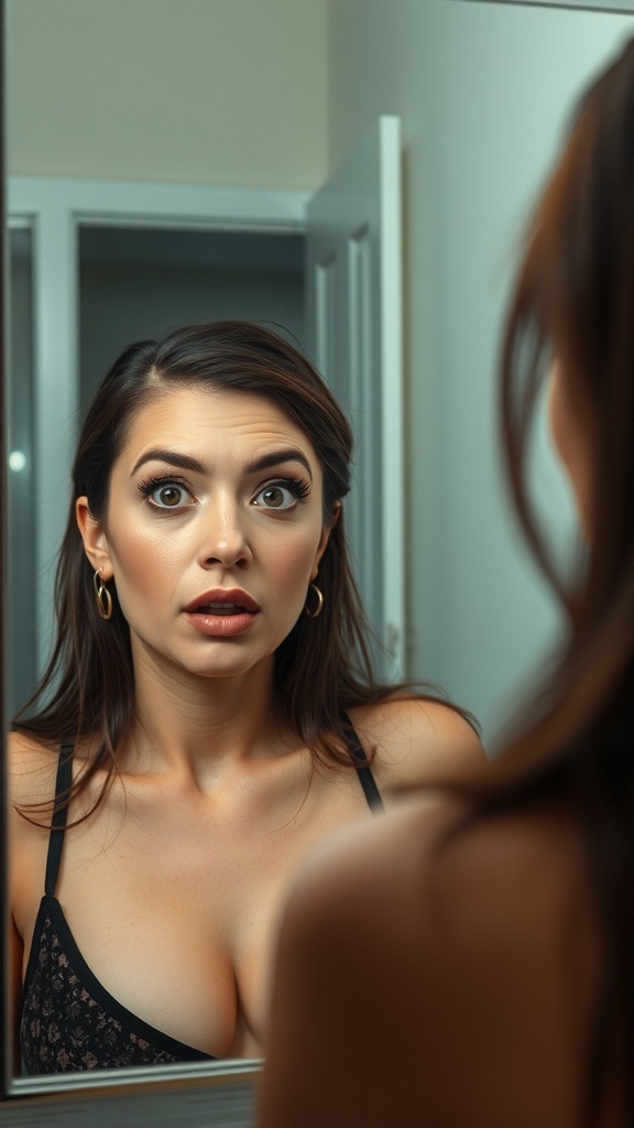 A woman looking surprised in front of a mirror, showcasing her makeup.