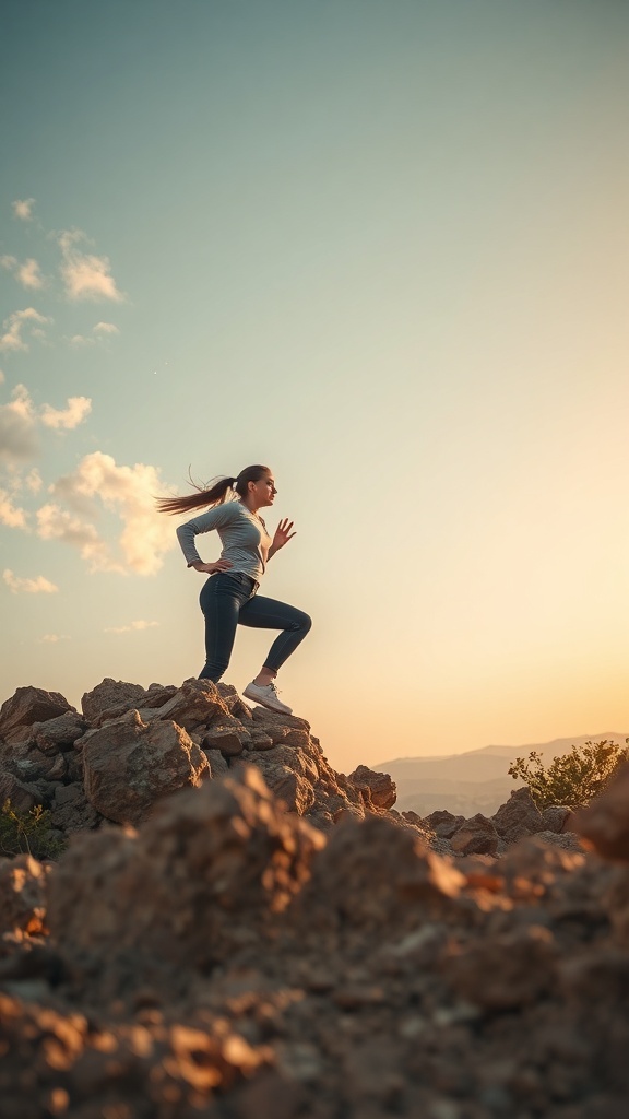 A woman standing on a rocky outcrop, looking towards the horizon during sunset.
