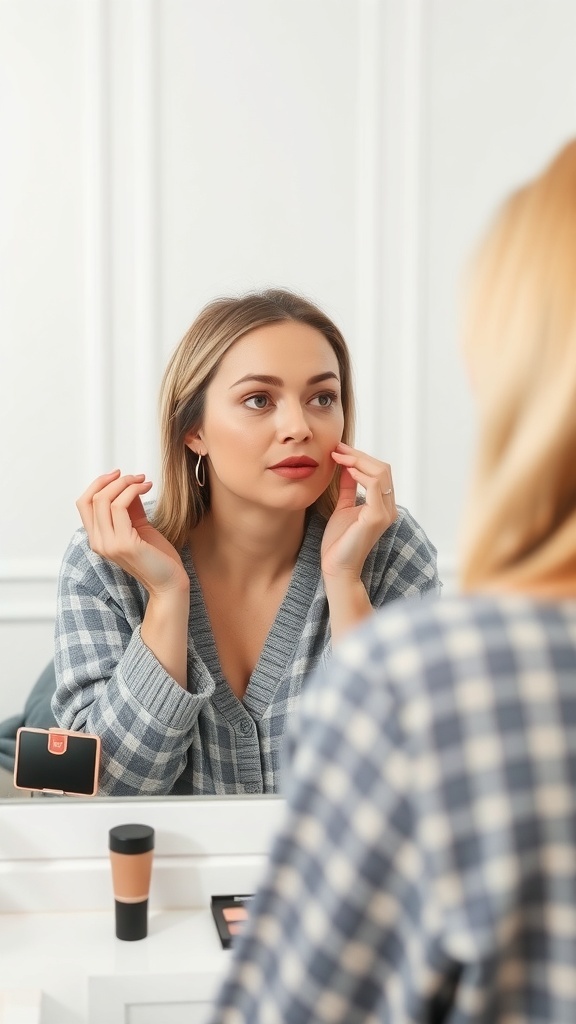 A woman applying makeup in front of a mirror, focusing on her reflection.