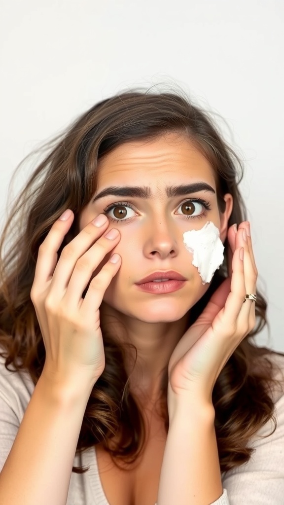 A woman with a worried expression holding her face, possibly after a makeup mistake.