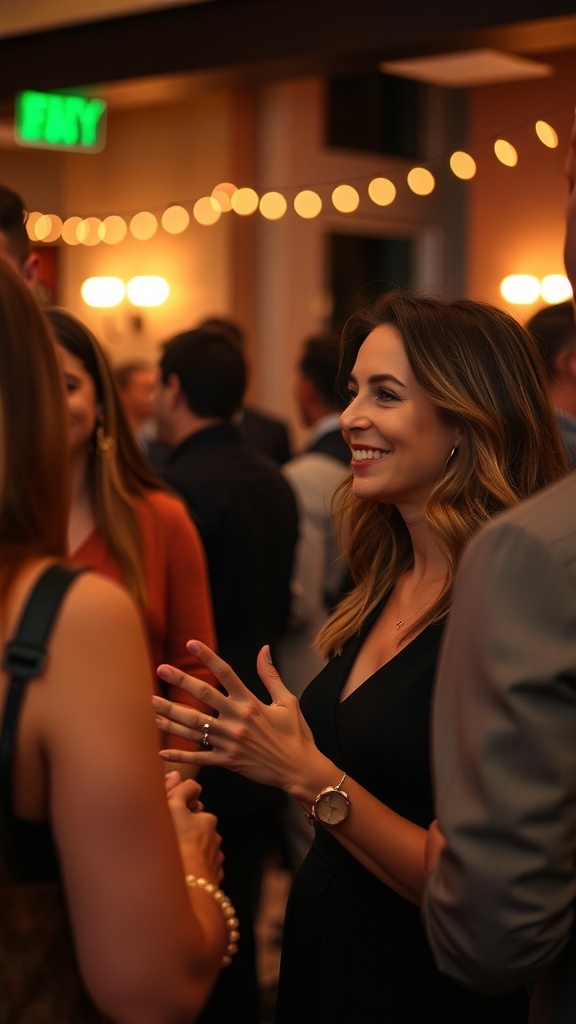 A woman smiling and engaging in conversation at a social event, surrounded by people.