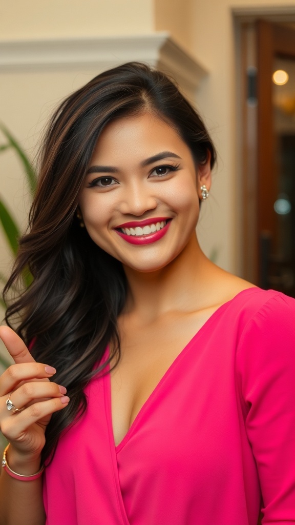 A woman smiling and gesturing with her hand, embodying positivity and confidence.