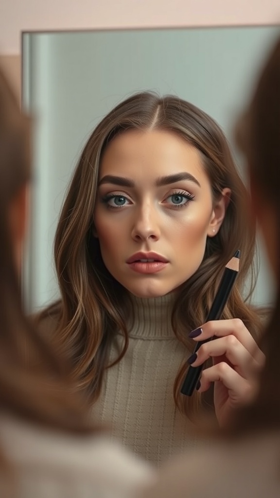 A woman looking into a mirror while holding an eyebrow pencil, focusing on her makeup.