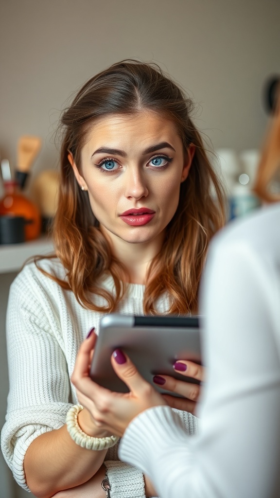 A woman looking surprised while holding a tablet, possibly discussing makeup techniques.