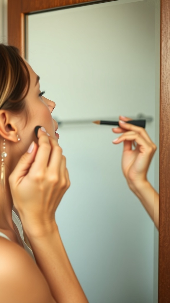 A woman applying makeup in front of a mirror, focusing on her face.