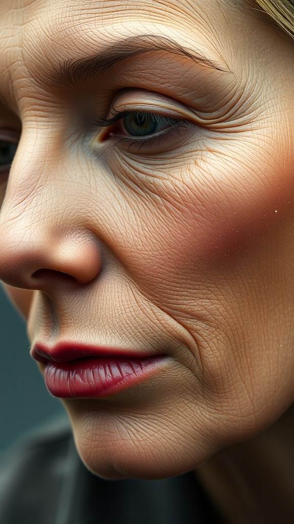 Close-up of a woman's face showing fine lines and makeup application.