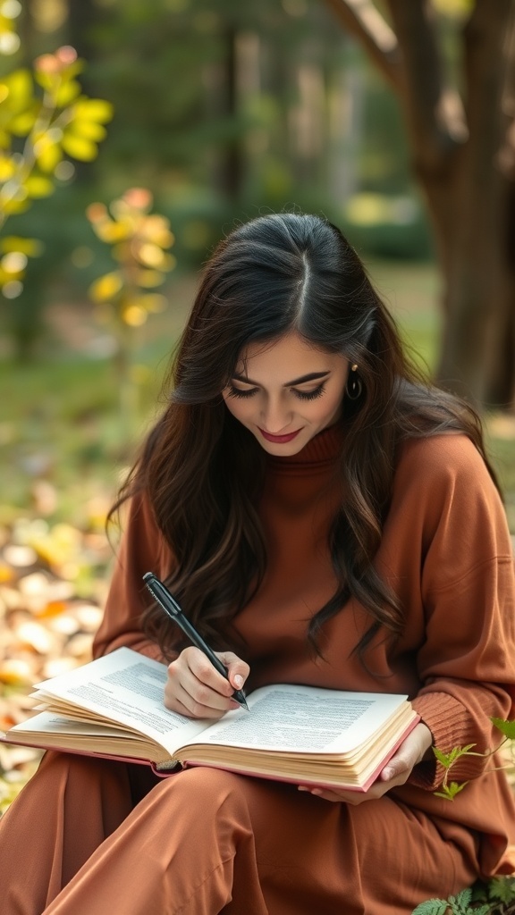 A woman writing in a book in a serene outdoor setting, reflecting on gratitude.
