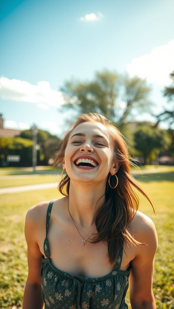 A woman laughing joyfully in a sunny park.