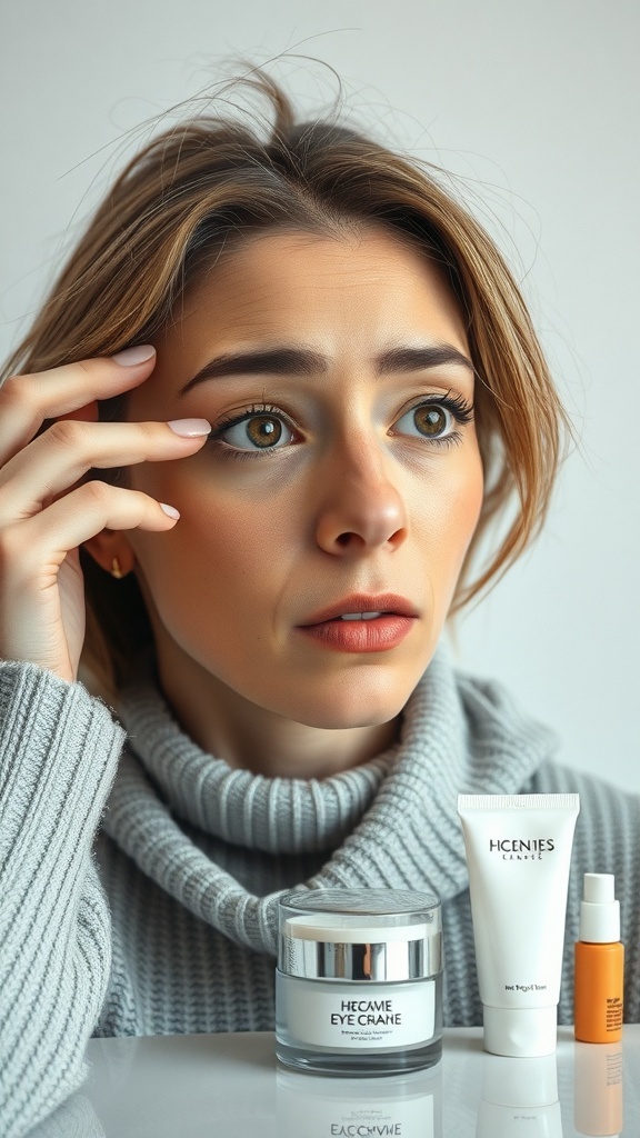 A woman applying eye cream, surrounded by skincare products.