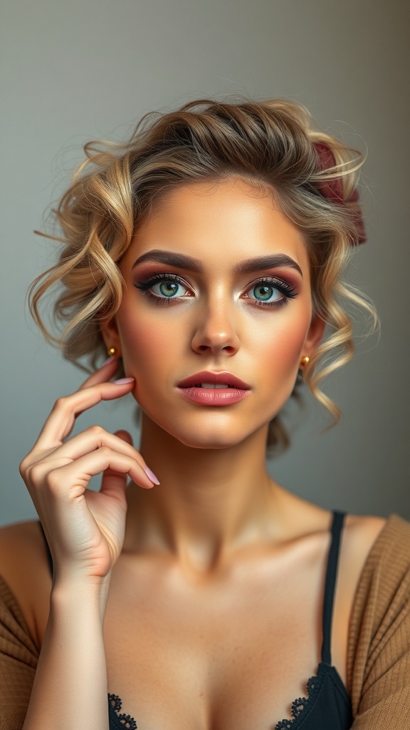 A woman with curly hair and bold makeup, showcasing confidence and style.