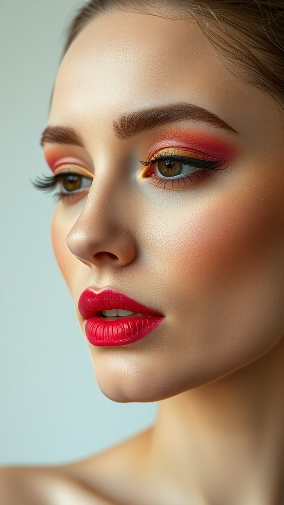 Close-up of a woman's face with bold makeup featuring bright eyeshadow and vibrant lipstick.