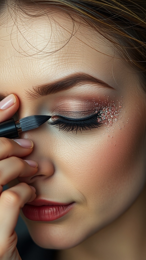 A close-up of a woman applying glittery eyeshadow, focusing on her eye makeup technique.