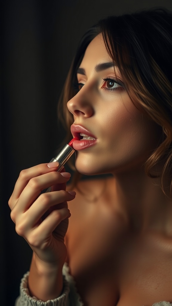 A woman applying lipstick, showcasing a beauty routine.