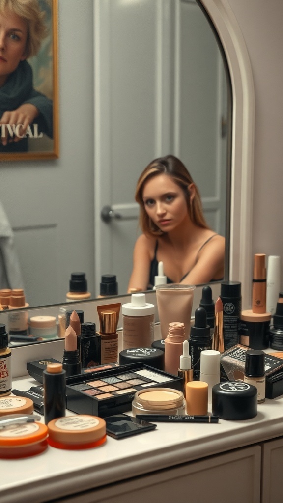 A vanity mirror reflecting a woman with a variety of makeup products displayed on the table.