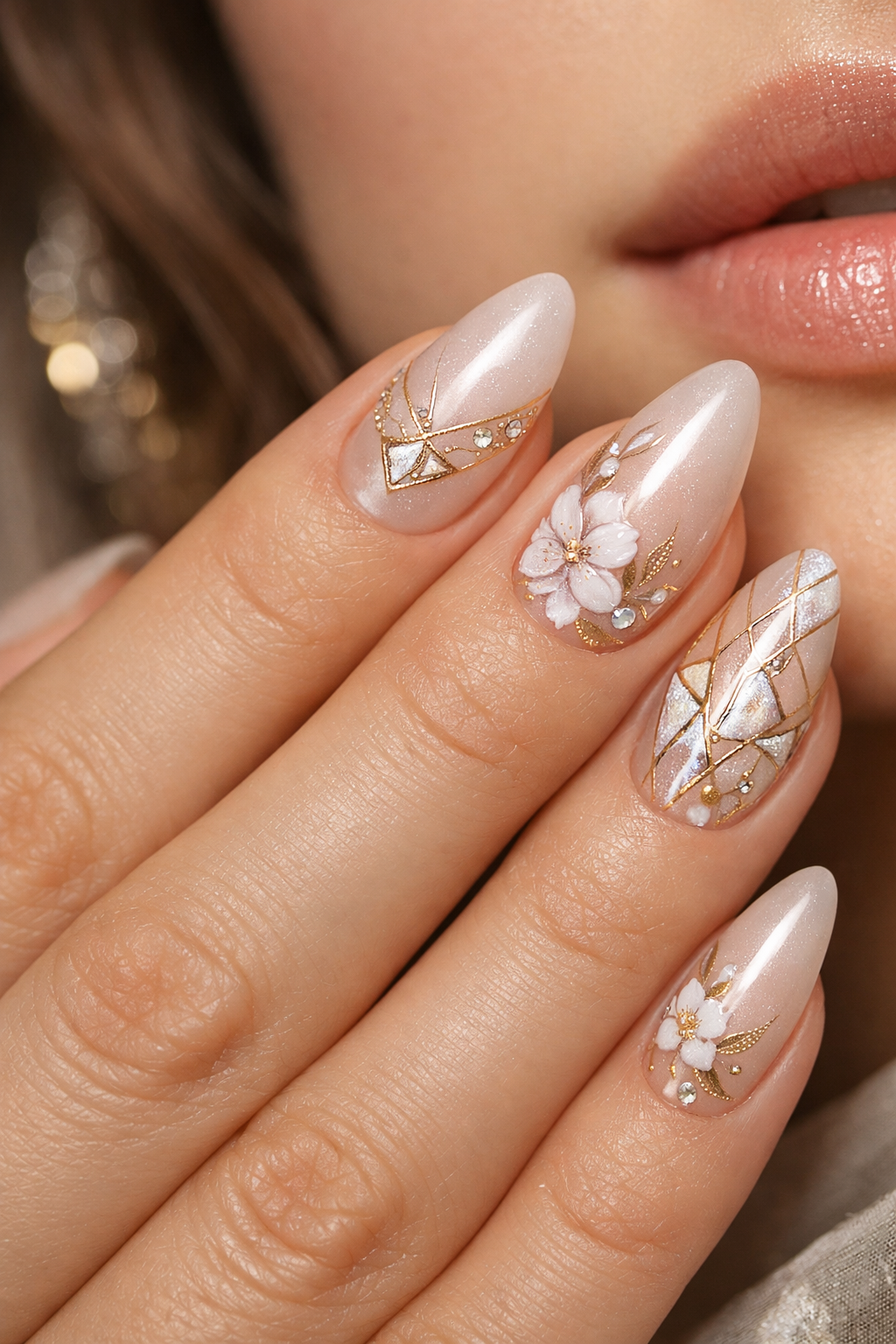 10 Stunning Almond Glazed Donut Nail Designs to Try Today 22 Almond-shaped nails featuring a glazed finish with floral designs and gold accents.