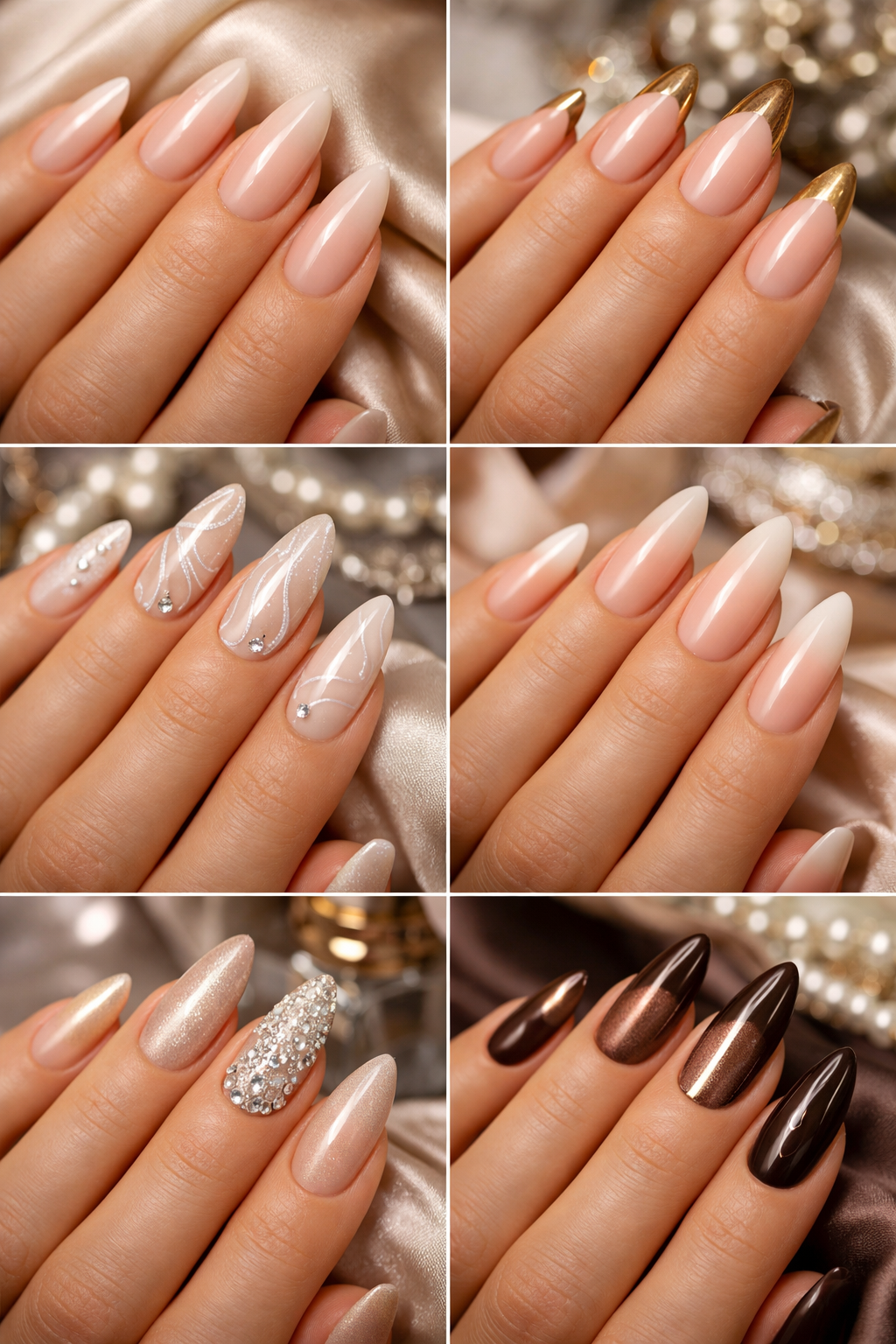 10 Stunning Almond Glazed Donut Nail Designs to Try Today 21 A collage of almond glazed nails featuring various designs and colors.
