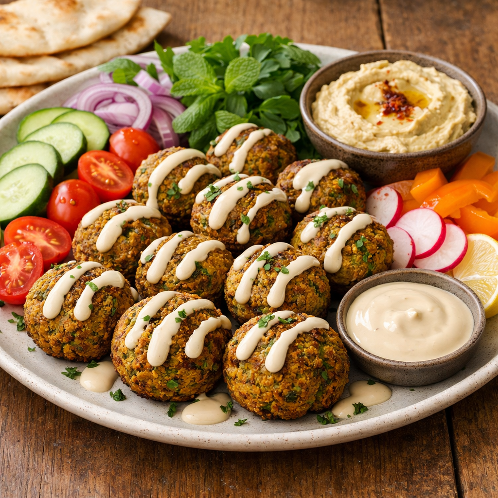 Plate of baked falafel with tahini sauce, fresh vegetables, and herbs