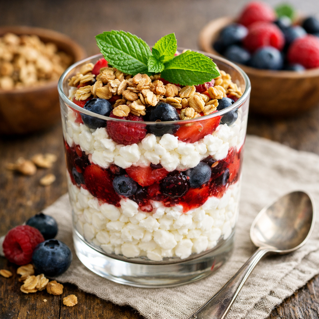 A colorful Cottage Cheese and Berry Parfait with layers of cottage cheese, mixed berries, and granola, garnished with fresh mint.