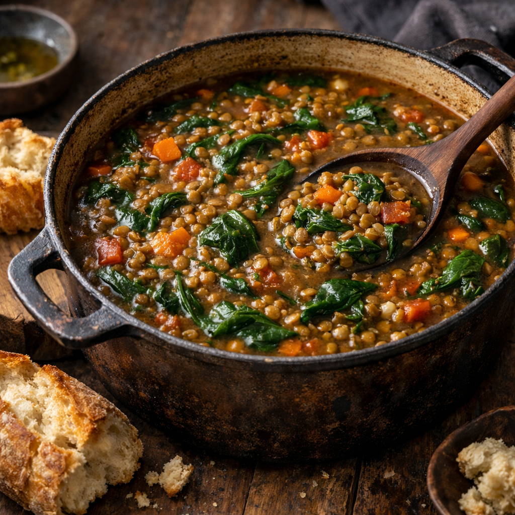 A pot of lentil and spinach stew with carrots and crusty bread on the side